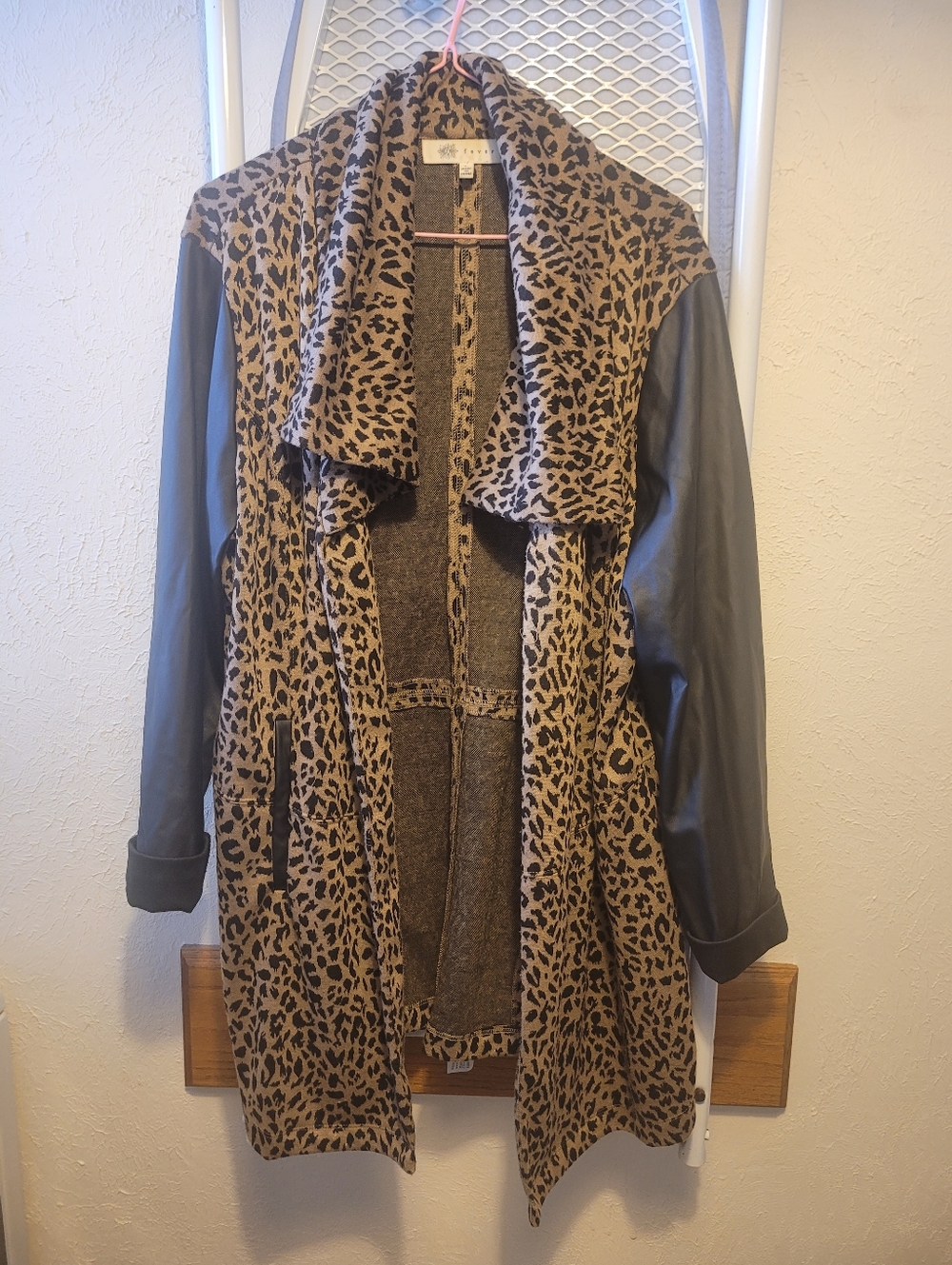 Fever Leopard Print Open-Front Coatigan with Black Faux Leather Sleeves